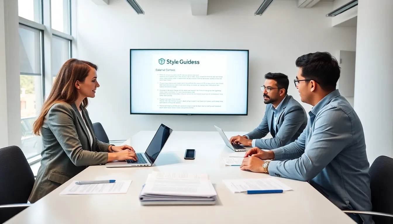 diverse team discussing a style guide in a contemporary office.