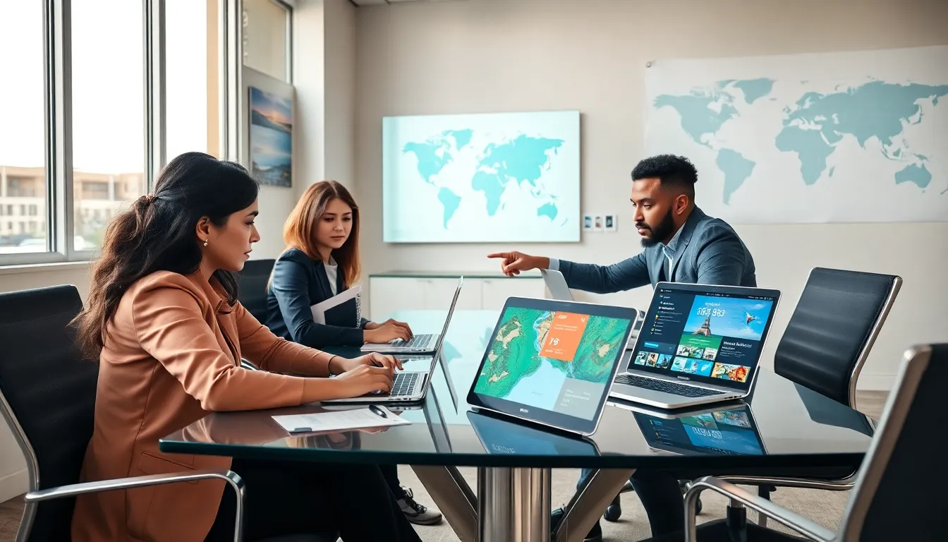 diverse team planning a trip in a modern office setting.