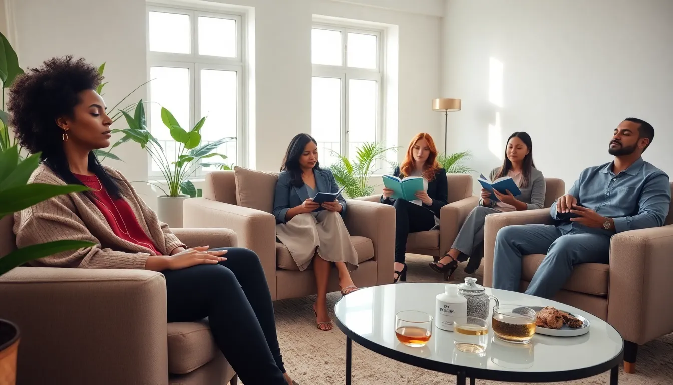 diverse group relaxing in a cozy, modern living space.