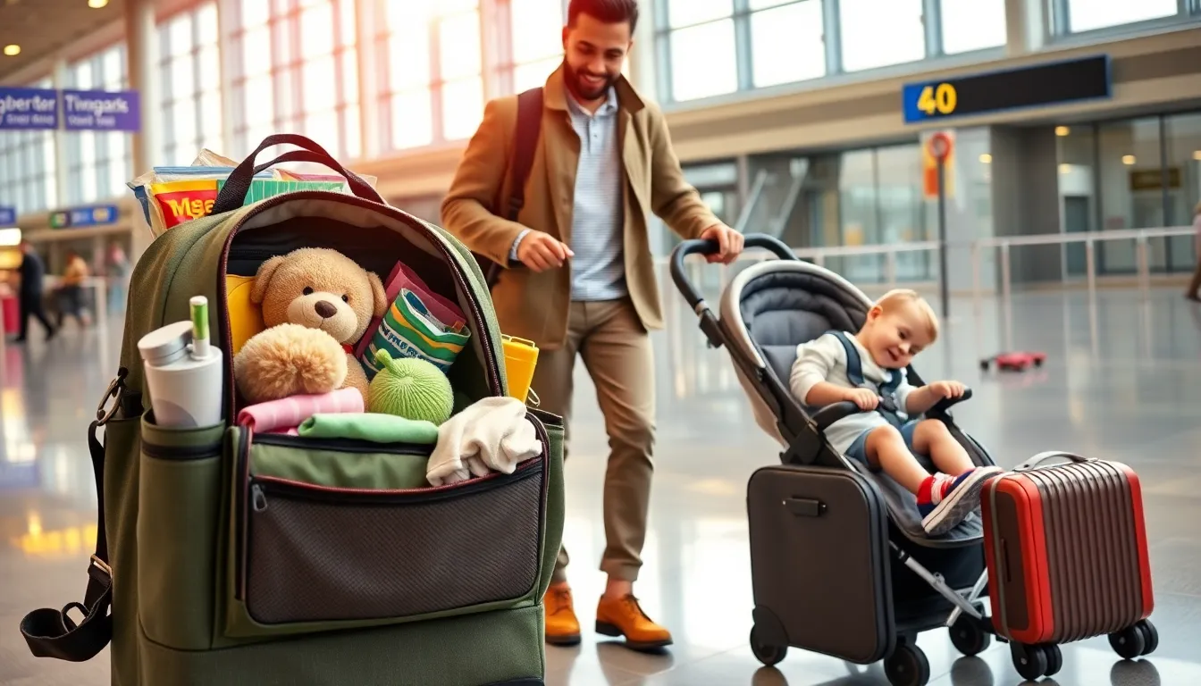 family in an airport with toddler travel essentials and a stroller.